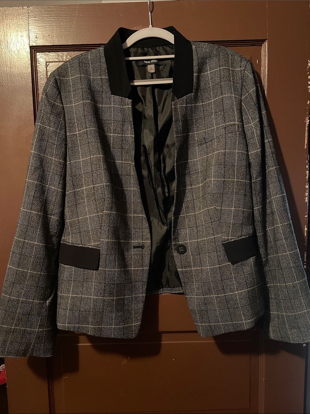 Nine West Gray Windowpane Blazer with Black Collar